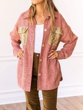Grace + Emma shirt jacket Dreamy Pink Butter Yellow Tweed Lace Shacket Top 2XL